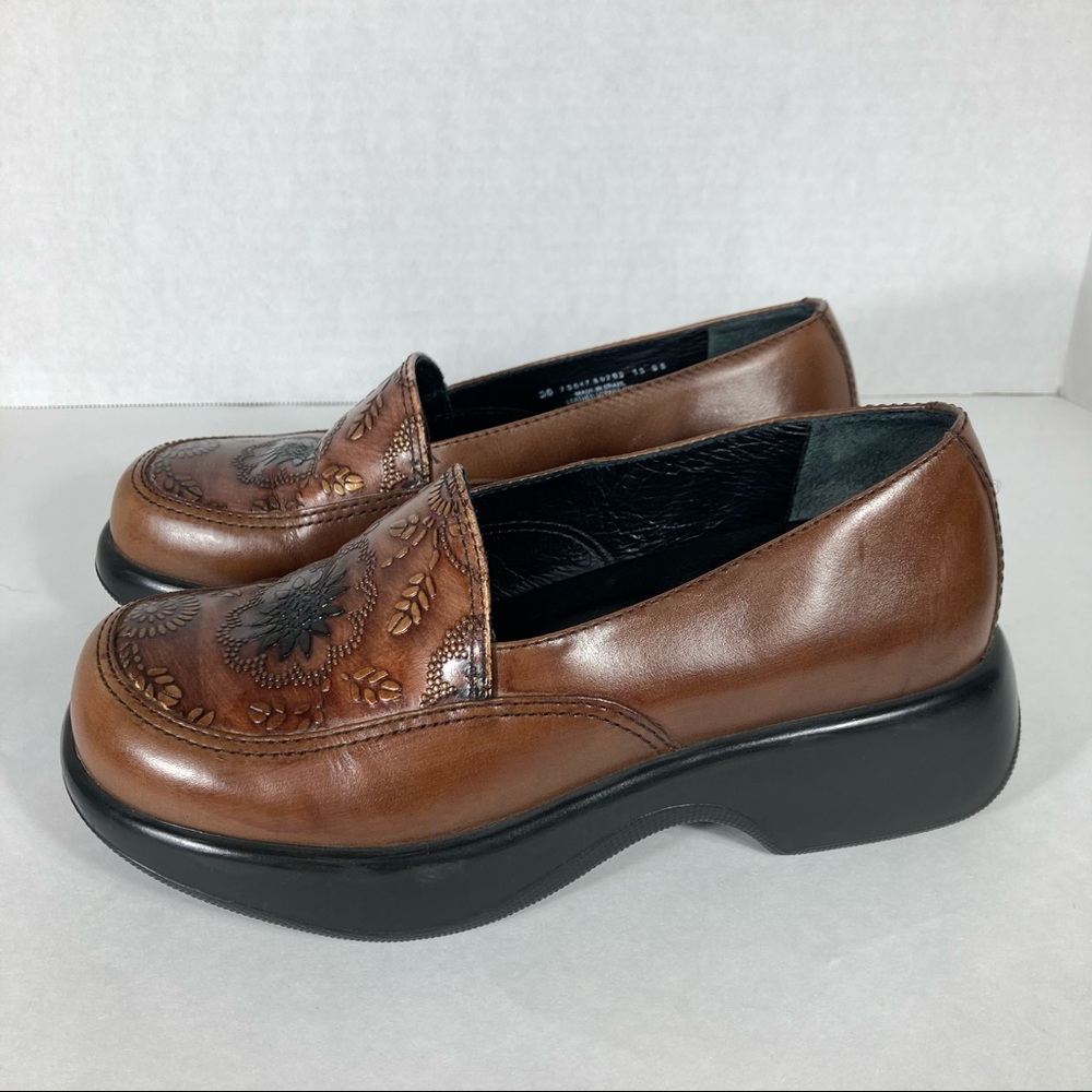 Dansko Brown Leather Floral Embossed Slip-On Loafers